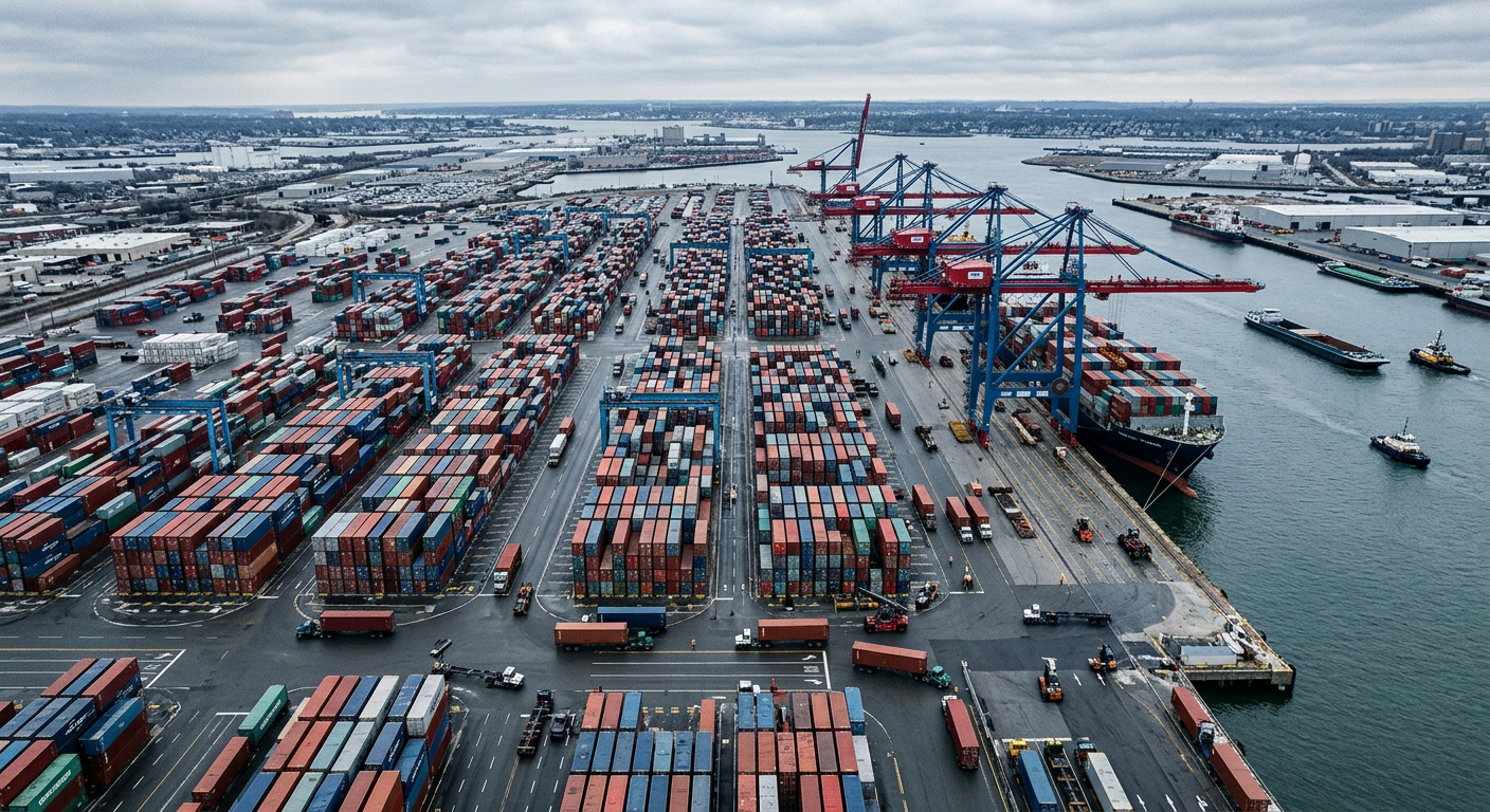 Aerial view of a container port with gantry cranes