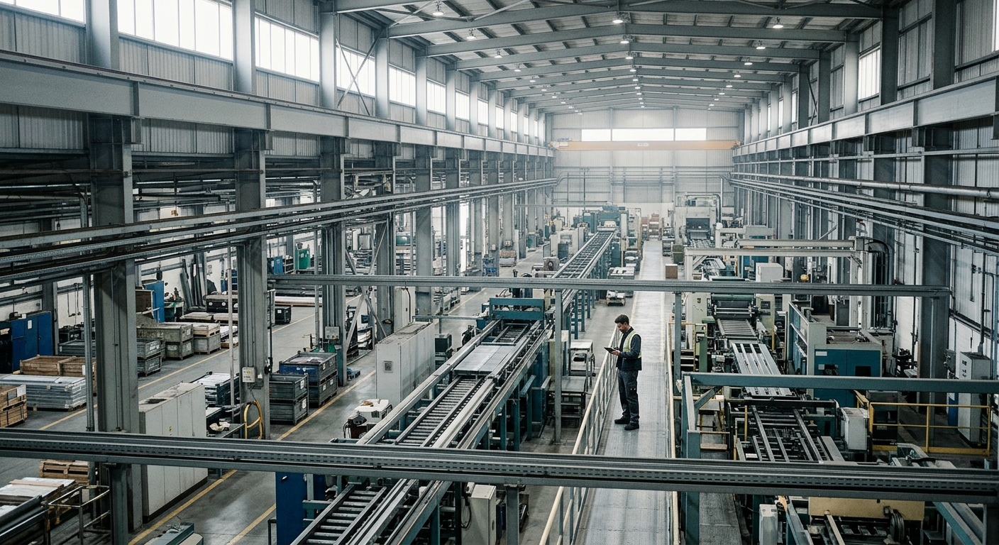 Manufacturing plant floor with production lines in daylight